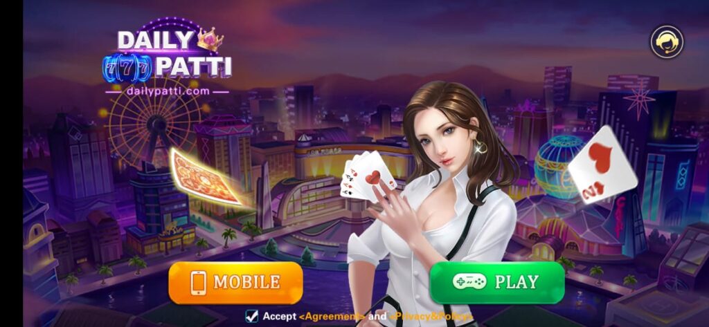 Screenshot of Daily Patti Game download APK interface showing Teen Patti gameplay with real-time multiplayer, daily rewards, and vibrant graphics on mobile